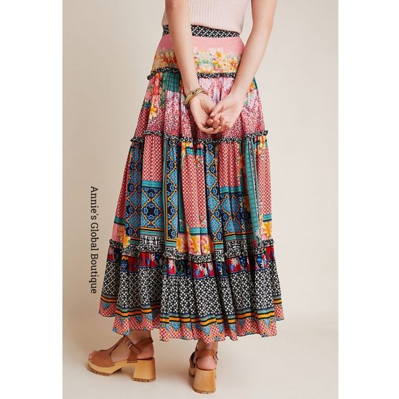 RARE NWT ANTHROPOLOGIE Bhanuni by Jyoti Celina Tiered Maxi Skirt. Size 0 - Picture 4 of 14